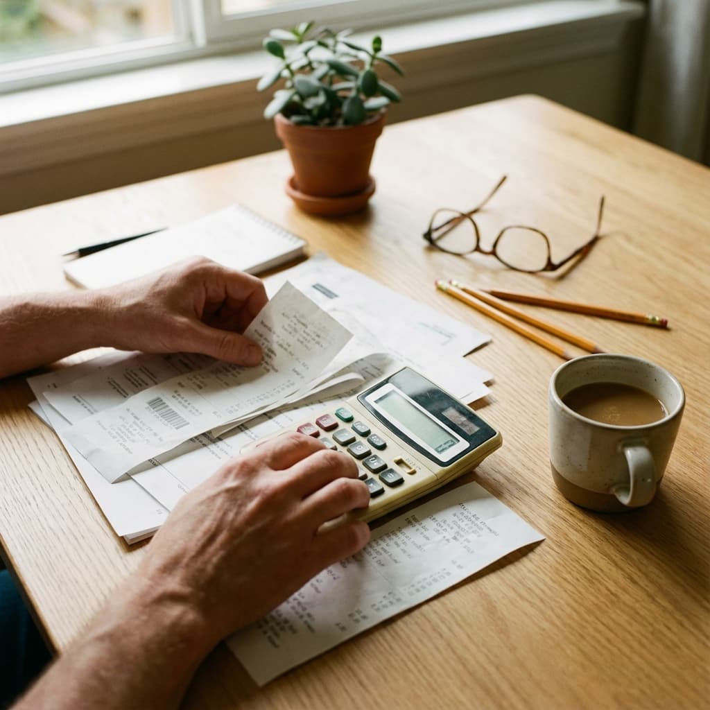 Händer som räknar på miniräknare